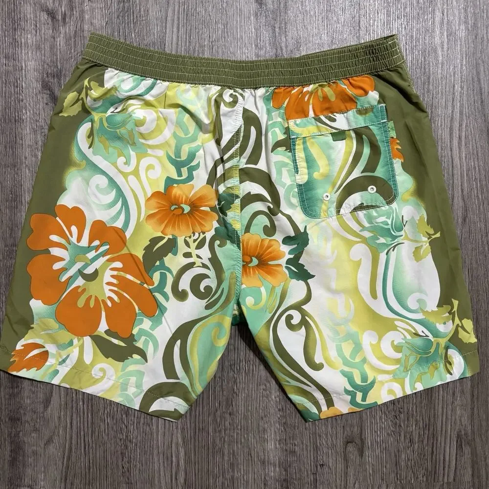 Tommy Bahama Swim Trunks Men’s Size L Green Orange White Floral Lined Pockets